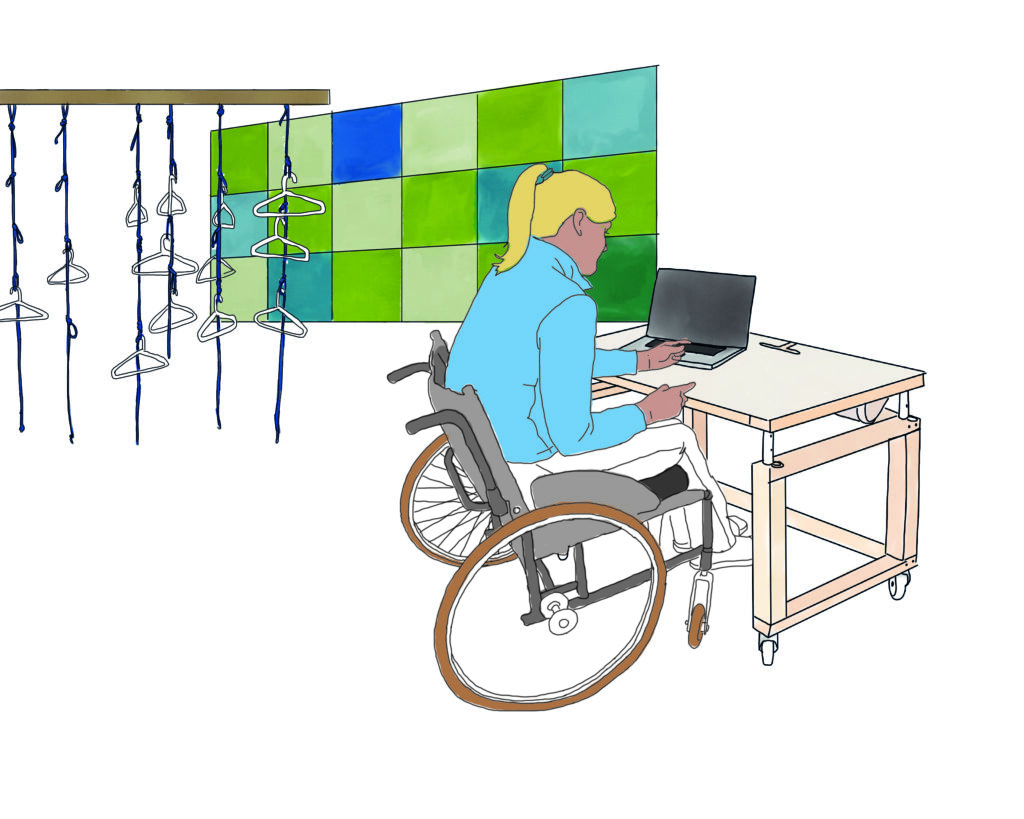 PIKSL Labor Bielefeld; Zeichnung Person im Rollstuhl vor einem Computer. Im Hintergrund Garderobe und Wandfilzkacheln.
